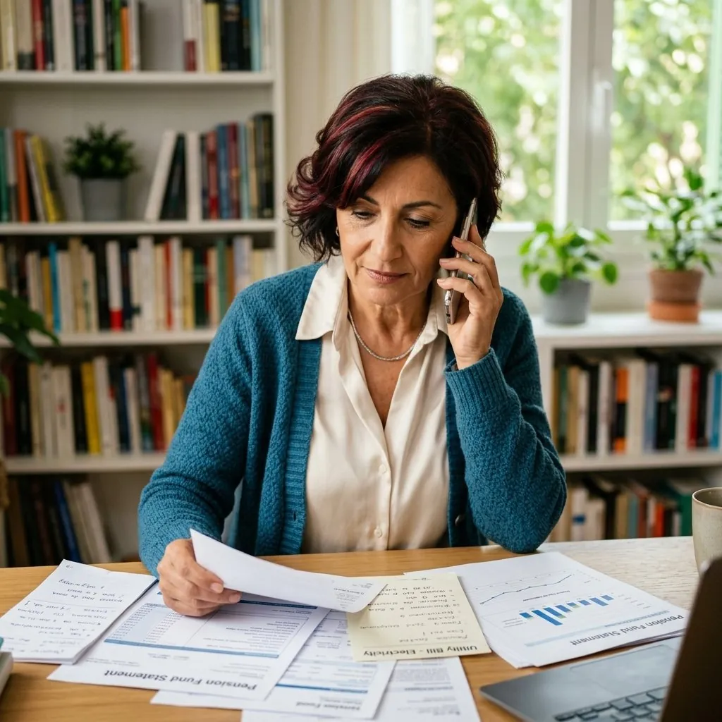 Retired teacher surrounded by pension paperwork