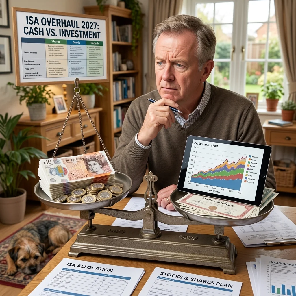 Midlife saver calmly considering cash and investment options at home