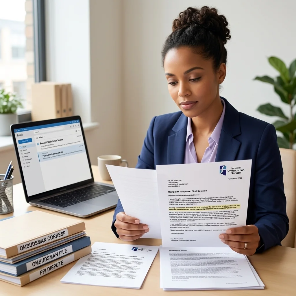 Consumer calmly reviewing a complaint response letter beside a laptop and organised documents