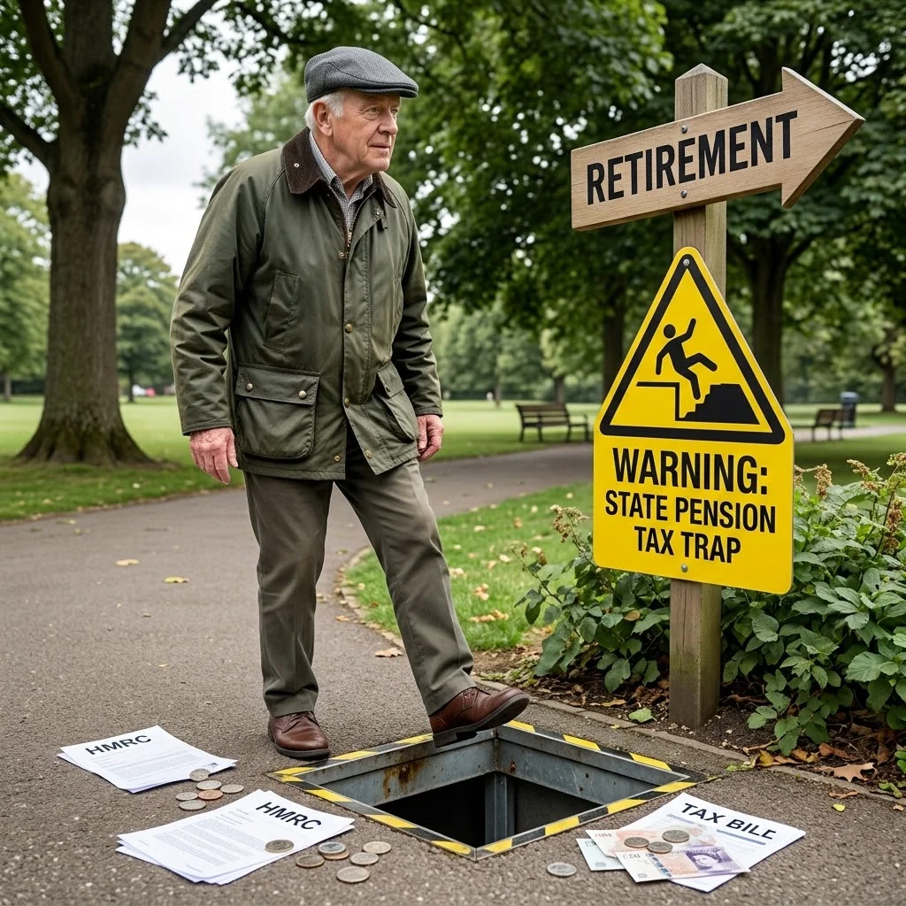 Retired couple calmly reviewing pension and tax paperwork at a kitchen table